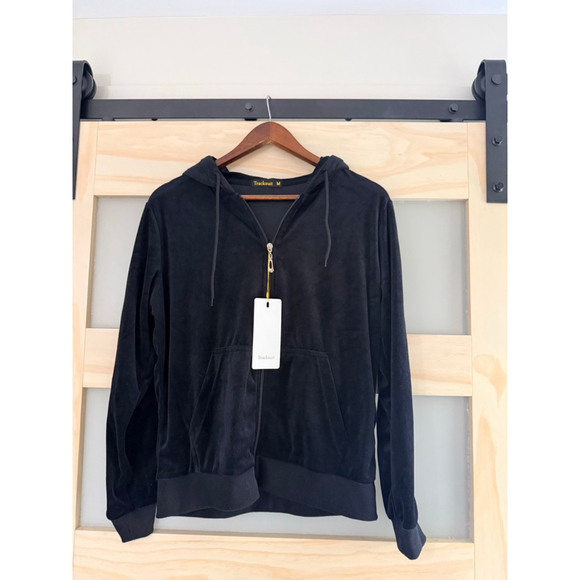 Tracksuit Black Velour Zip Hoodie Jacket Medium – Y2K Retro Athleisure Streetwea - Picture 1 of 8